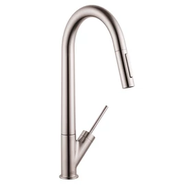 Hansgrohe AXOR Starck Egykaros mosogató csaptelep kihúzható zuhannyal, rozsdamentes acél hatású 10821800 Hansgrohe AXOR Starck Egykaros mosogató csaptelep kihúzható zuhannyal, rozsdamentes acél hatású 10821800