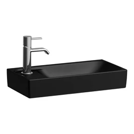 Laufen MEDA Kézmosó 46 × 23,5 cm, aszimmetrikus, bal oldali armatúrapaddal, túlfolyónyílás nélkül, 1 csaplyukkal, Matt Fekete H8151147161131