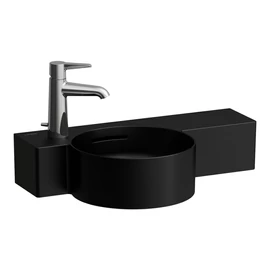 LAUFEN VAL Kézmosó, kör alakú, jobb oldali polccal, 430 mm-re vágható 1 csaplyuk a bal oldalon, egyik oldalon vágatható, Fekete matt H8152837168111