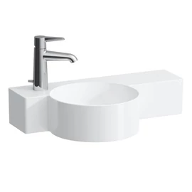 LAUFEN VAL Kézmosó, kör alakú, jobb oldali polccal, 430 mm-re vágható, túlfolyónyílás nélkül, 1 csaplyukkal bal oldalon, Matt fehér H8152837571131