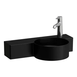 LAUFEN VAL Kézmosó, kör alakú, bal oldali polccal, 430 mm-re vágható, túlfolyónyílás nélkül, 1 csaplyukkal jobb oldalon, Fekete matt H8152847161141