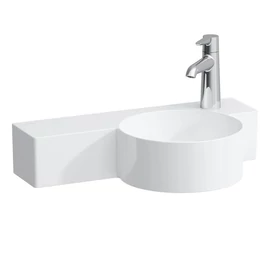 LAUFEN VAL Kézmosó, kör alakú, bal oldali polccal, 430 mm-re vágható, túlfolyónyílás nélkül, 1 csaplyukkal jobb oldalon, Matt fehér H8152847571141