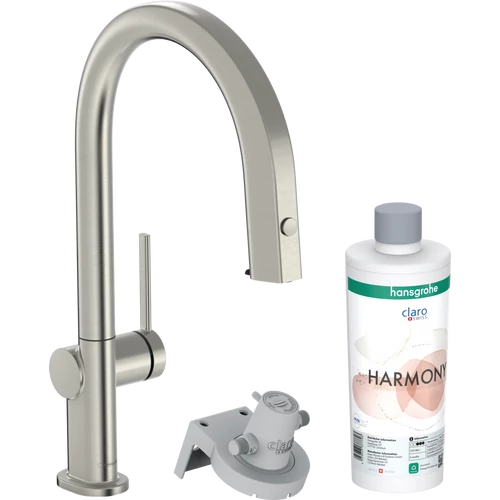 Hansgrohe Aqittura M91 Vízszűrős konyhai csaptelep 210, kihúzható zuhanyfejjel, 1jet, sBox, indulókészlet nemesacél felület 76800800