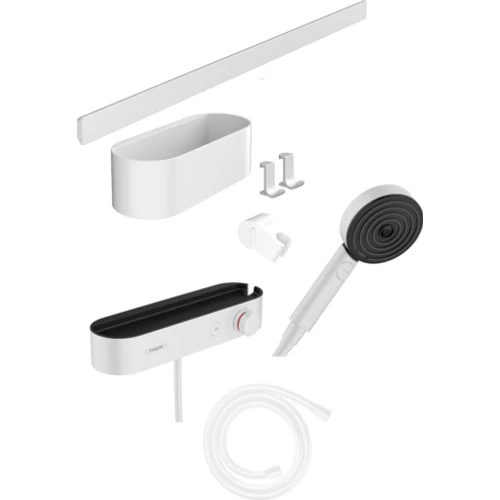 Hansgrohe WallStoris Szett kézizuhany 105, 3 jet EcoSmart Activation, termosztát, zuhanyrúd 70cm, tároló szett, matt fehér 24250700