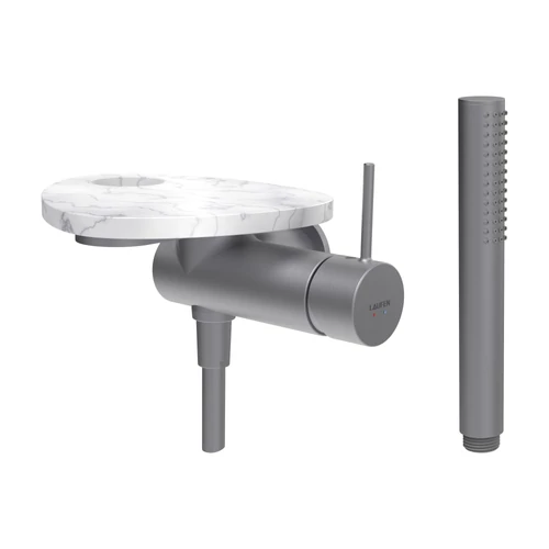 LAUFEN ADA Falra szerelt zuhany csaptelep, 1-pontos Simiboxhoz, kiegészítőkkel, tálca lyukkal, Rozsdamentes Acél/Márvány Fehér HF506755505000
