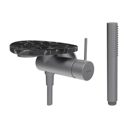 LAUFEN ADA Falra szerelt zuhany csaptelep, 1-pontos Simiboxhoz, kiegészítőkkel, tálca lyuk nélkül, Rozsdamentes Acél/Márvány Fekete HF506755506060