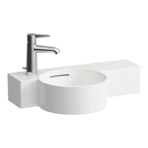 LAUFEN VAL Kézmosó, kör alakú, jobb oldali polccal, 430 mm-re vágható, 1 csaplyukkal bal oldalon, Fehér LCC Active bevonattal H815283A001051